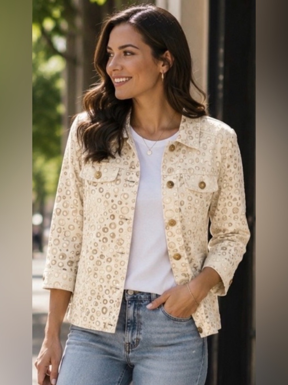 TANJAY Ivory 90’s Retro Jacket Gold Tone Jacquard Pattern Petite L-XL Cool Chic
